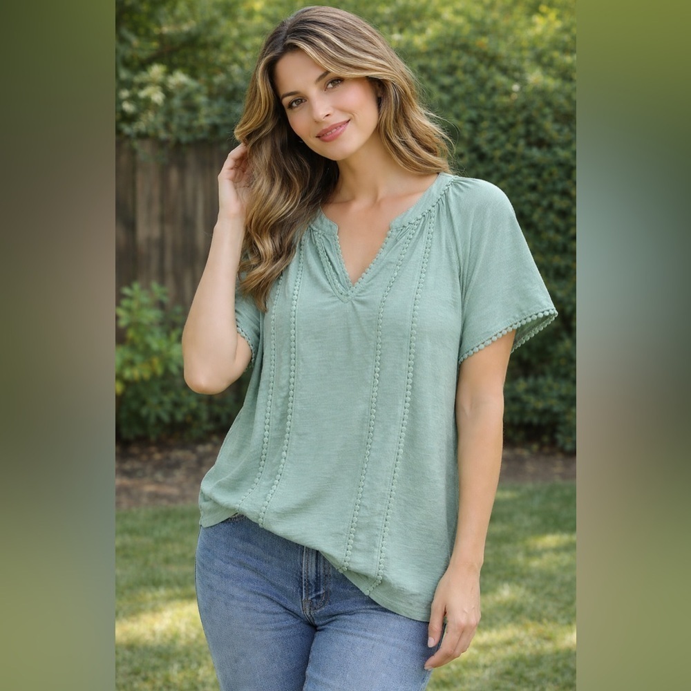 Lands’ End Sage Green Cotton Boho Peasant Top V-Neck Size S